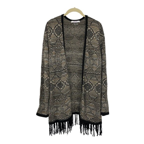 TanJay  Tan / Brown Abstract Print Open Cardigan Fringe hem size M - Picture 16 of 16